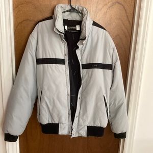 Olympian unisex size M Jacket; 26” long from collar; grey with black trim